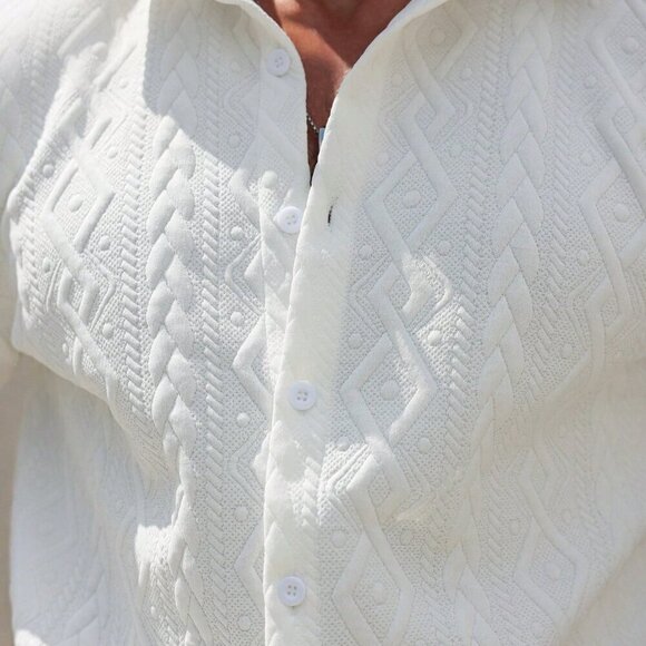 White Casual Men's Summer Solid Textured Shirt And Shorts Set - Picture 5 of 5